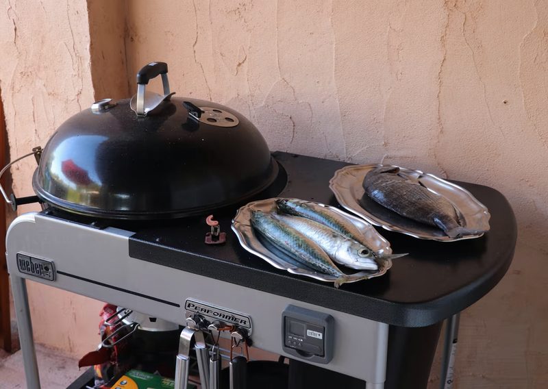 Le barbecue Weber Performer de la terrasse, avec des poissons prêts à griller